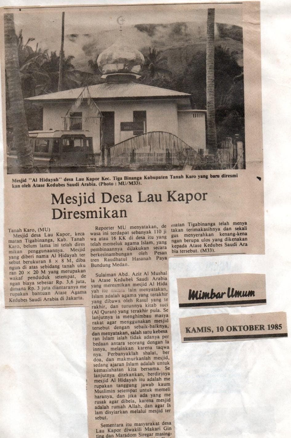 Peresmian Mesjid Al Hidayah, di Desa Lau Kapor